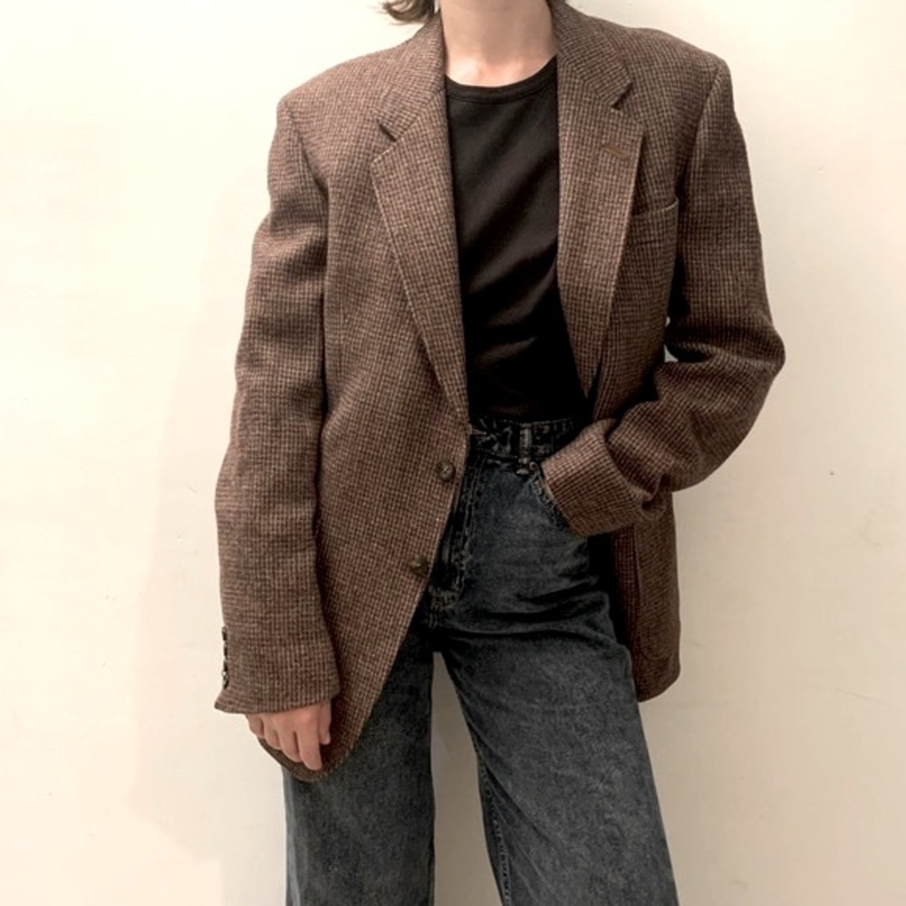 VINTAGE CHOCOLATE BROWN PURE WOOL BROWN HOUNDSTOOTH BLAZER JACKET S-L UNISEX